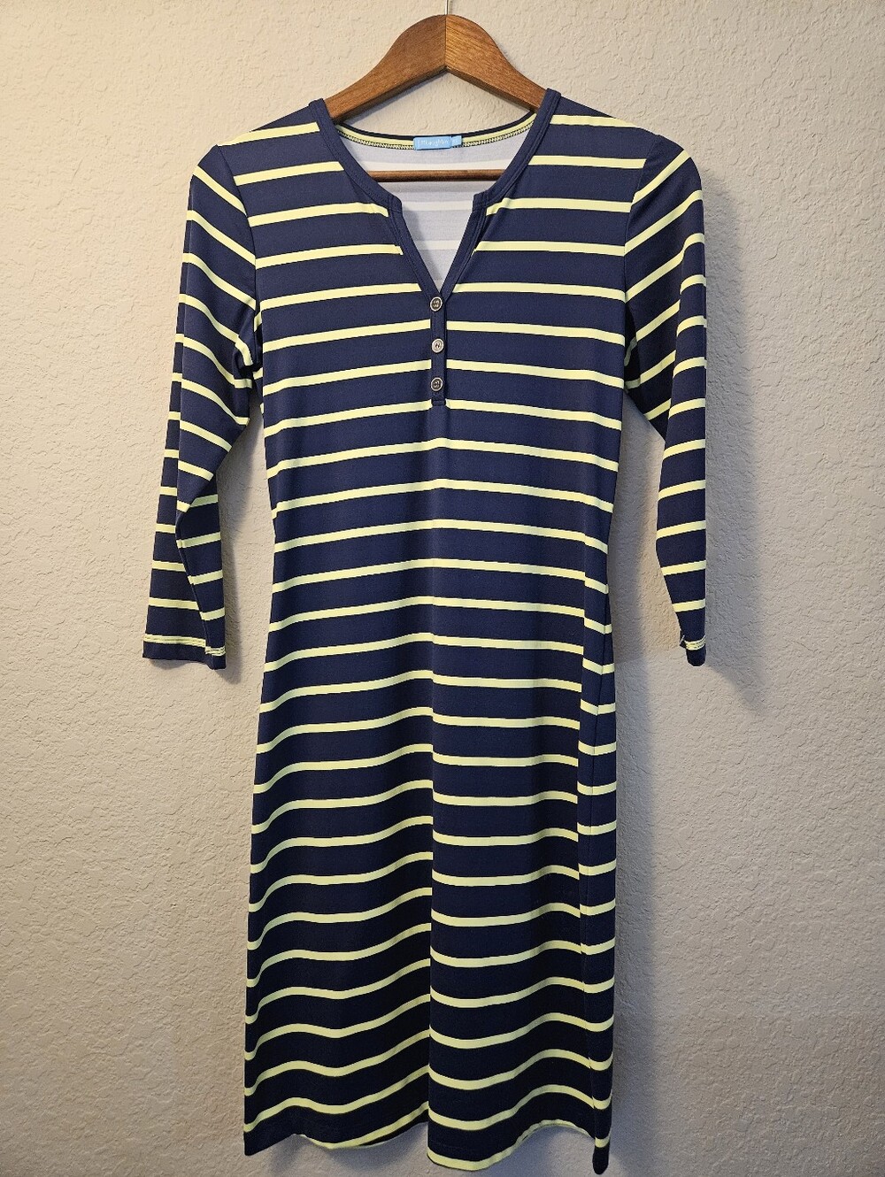 J. McLaughlin Catalina Cloth Henley Dress Womens XS Navy Blue Yellow Stripe